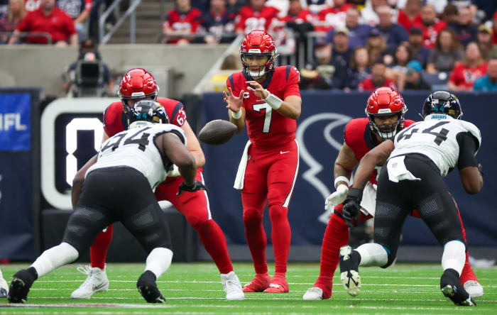 The ball is hiked to Houston Texans quarterback C.J. Stroud against the Jacksonville Jaguars at NRG Stadium.